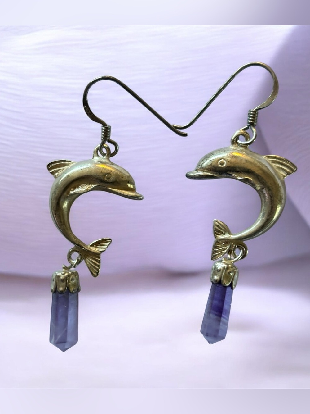 Vintage Sterling Silver Amethyst dolphin earrings with purple jade quartz stone